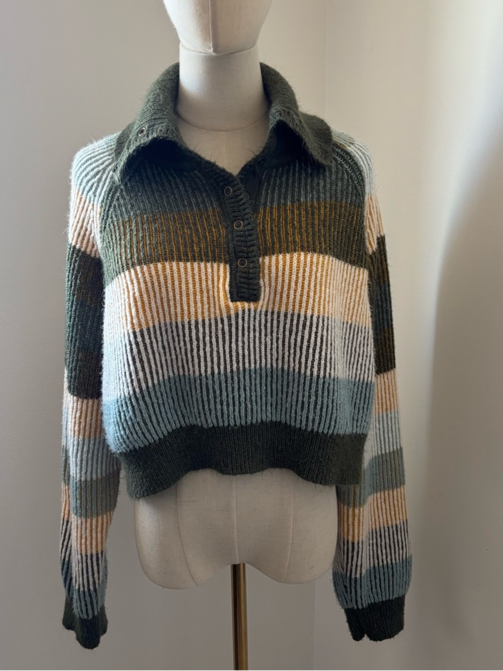 BDG Cropped Striped Button Up Collar Knit Sweater in Olive, Cream, and Blue